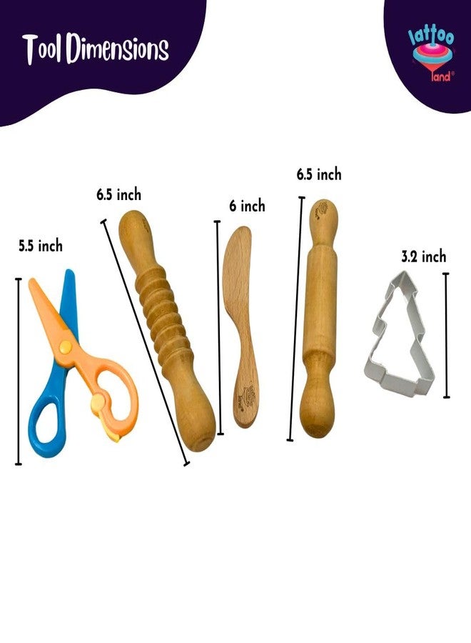 Lattooland Play Dough Tools |Wooden Tools for Clay |Montessori Toys |Pretend Play| Durable & Safe | Set of 5 Child-Sized Tools for Boys Girls 2 3 4 5 6 7 - Image 5